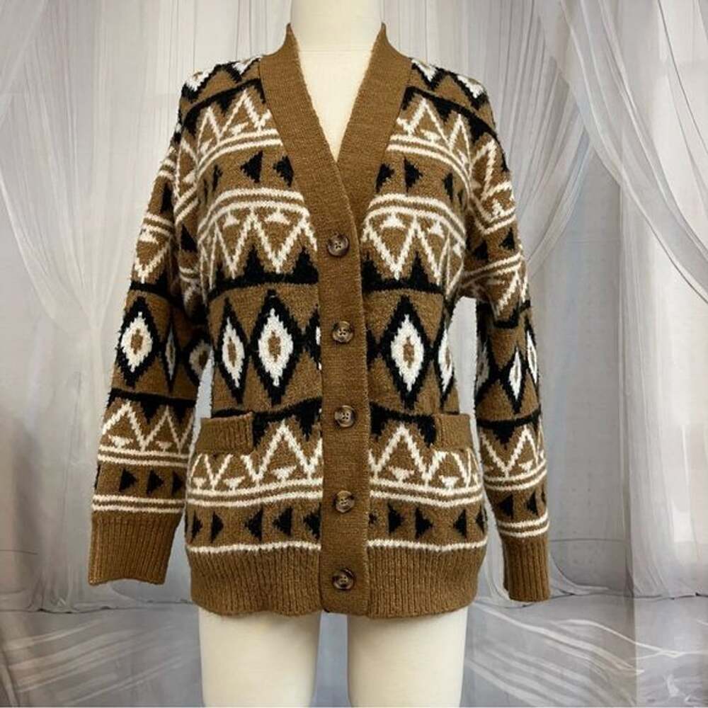 Dex Aztec Southwest Cardigan Sweater Women’s Medium Brown Tan Black Geometric